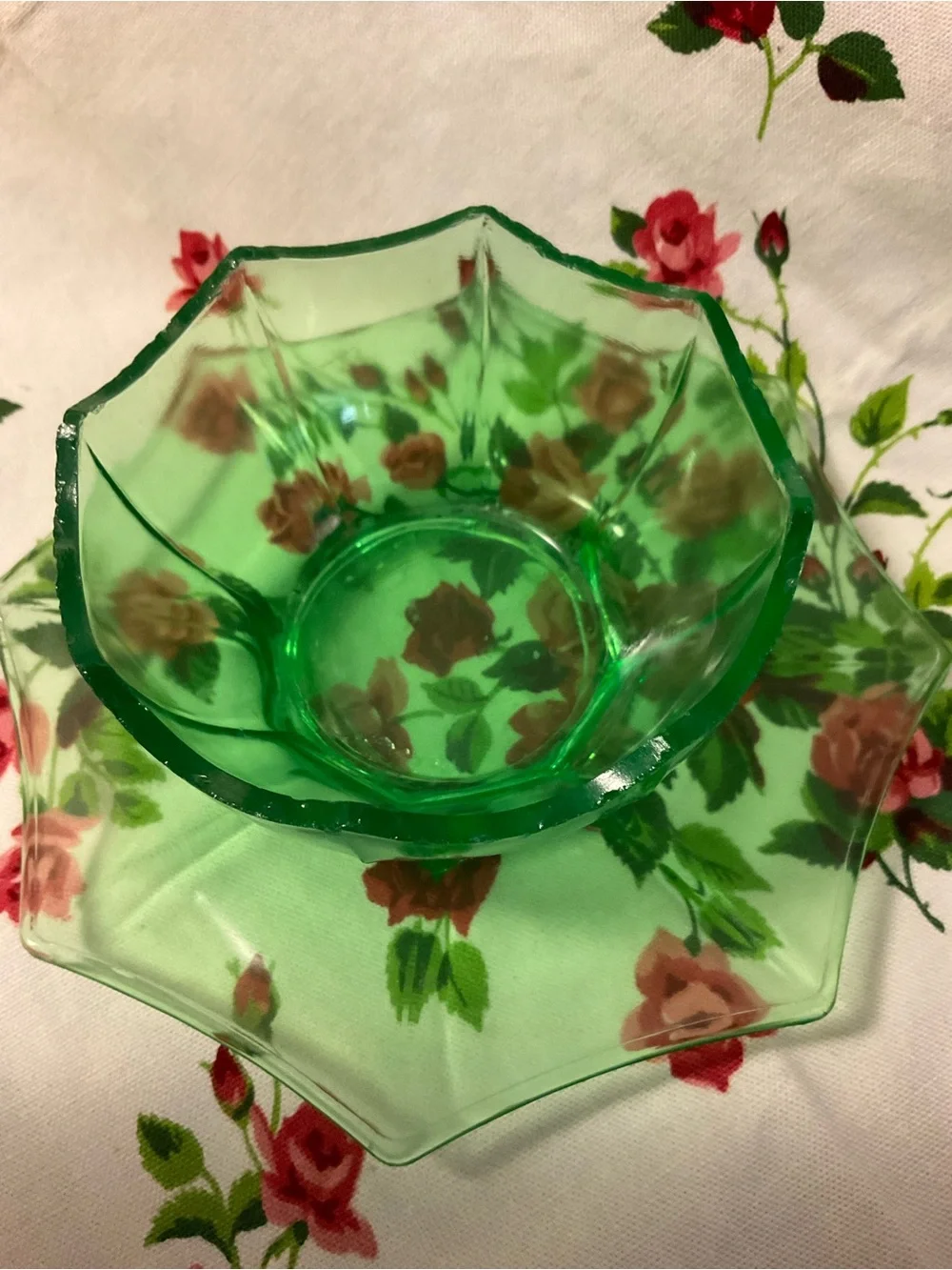 Vintage Uranium Vaseline Green Glass Bowl and saucer
